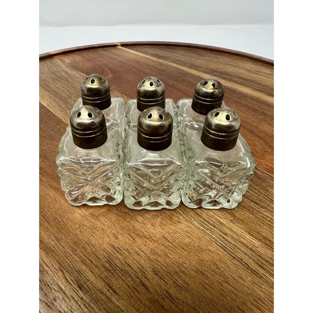 Set of‎ 6 Vintage Square Glass Salt Pepper Shakers with Metal Lids